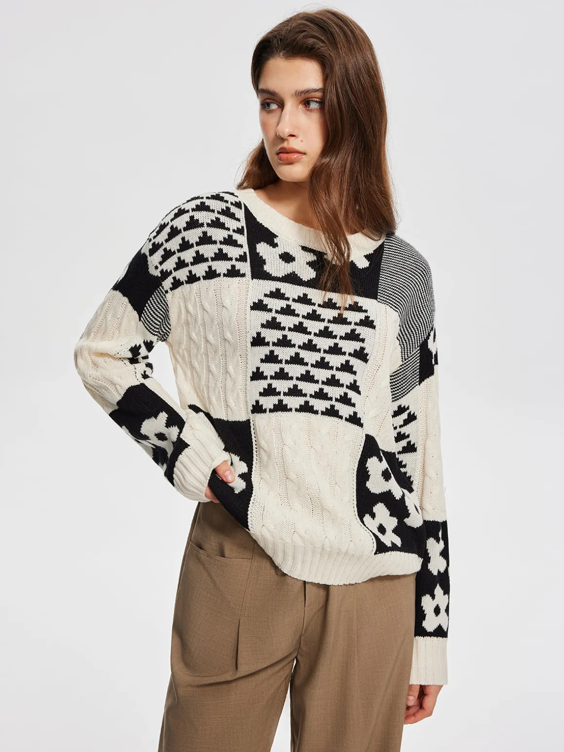 Color Block Cable-Knit Warm Sweater