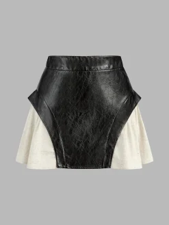 Color Block Faux Leather Mini Skirt