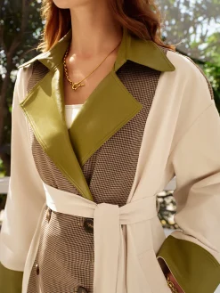 Color Block Faux Leather Trench Coat