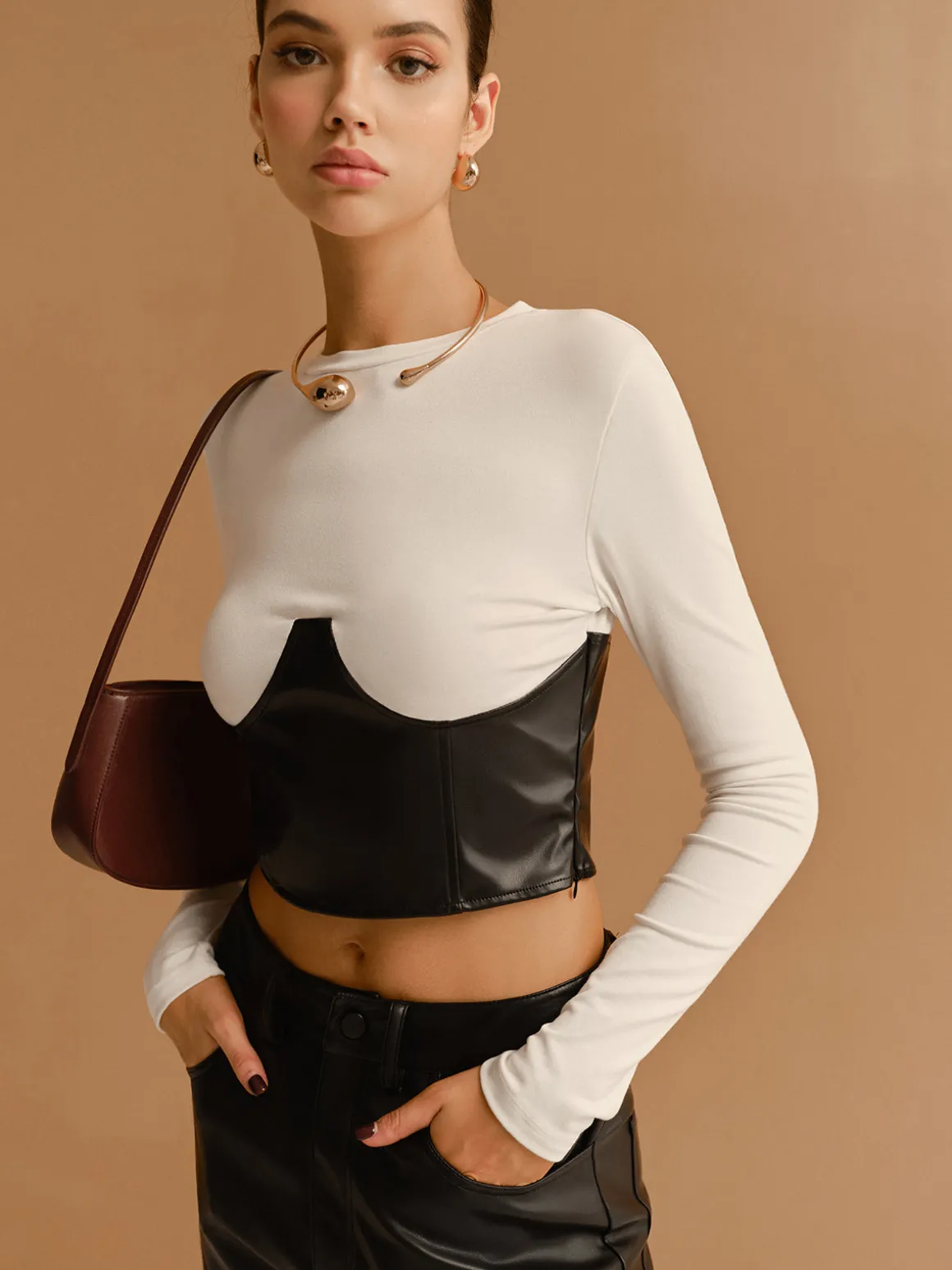 Color Block Faux Leather Crop Blouse