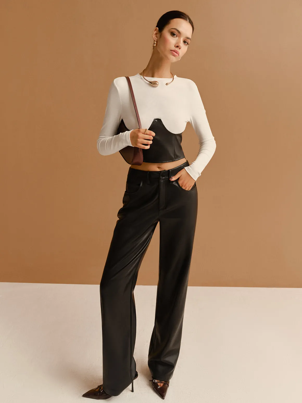 Color Block Faux Leather Crop Blouse