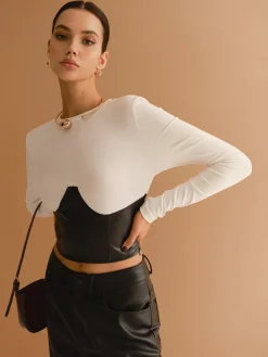 Color Block Faux Leather Crop Blouse