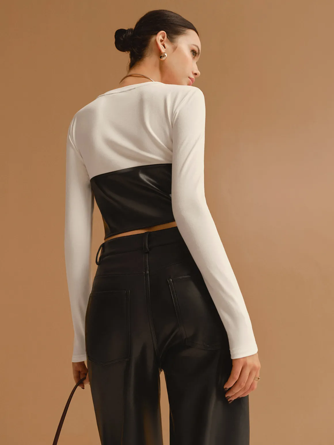 Color Block Faux Leather Crop Blouse