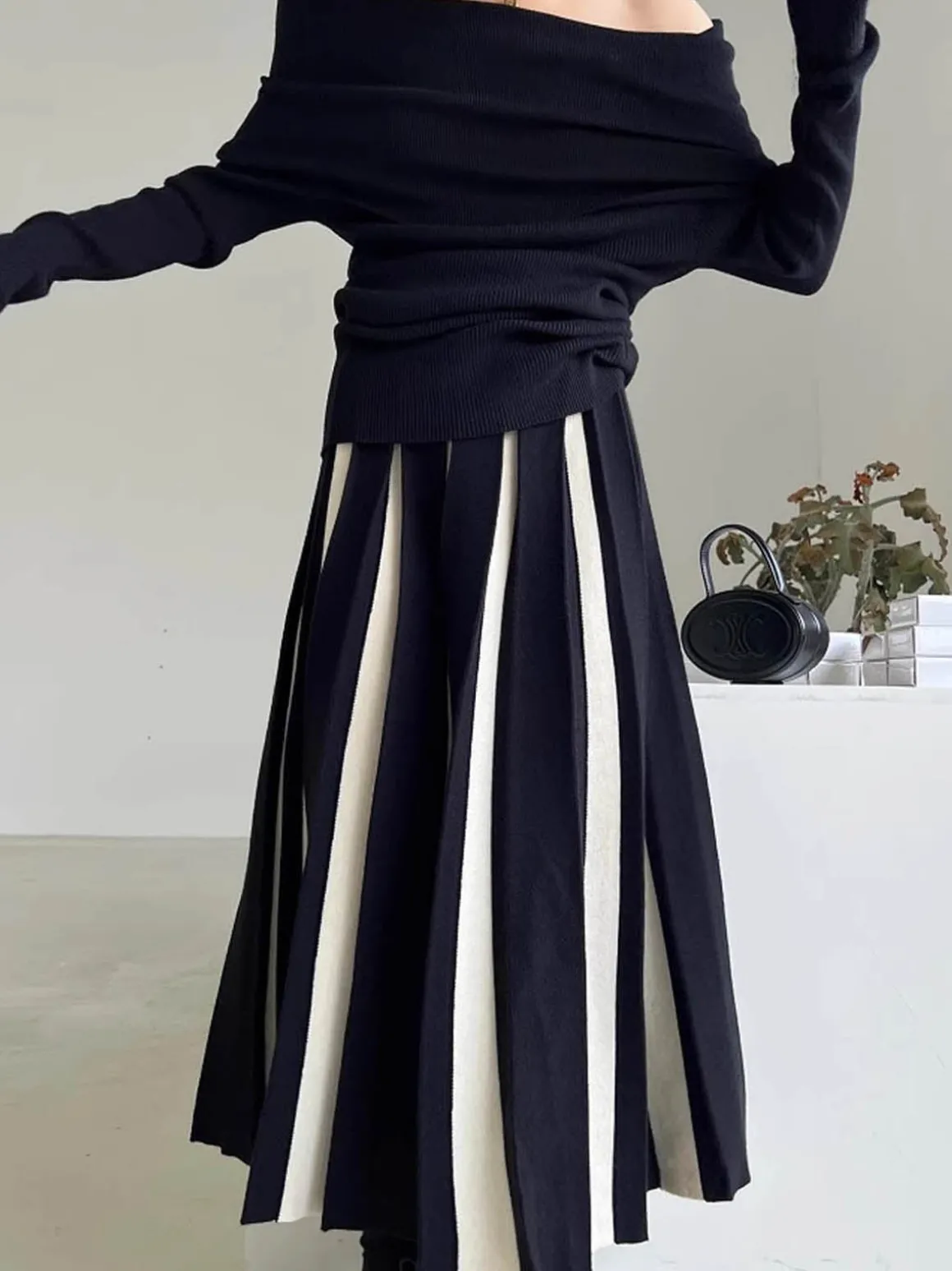 Color Block Knit Midi Skirt
