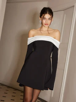 Color Block Off-Shoulder Bell Sleeve Dress
