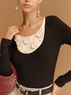 Color Block Pearl Floral Jersey Top
