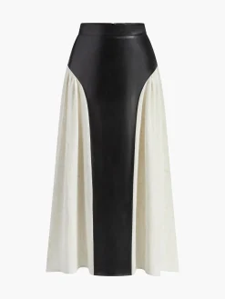 Color Block Pleated Faux Leather Panel Skirt