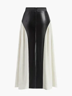 Color Block Pleated Faux Leather Panel Skirt