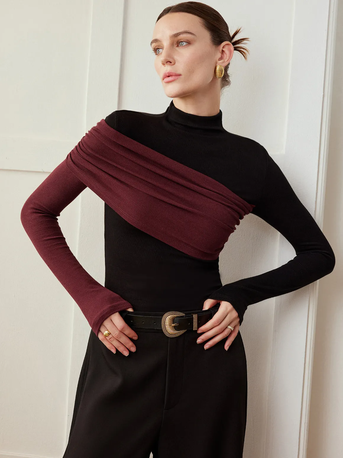 Color Block Pleated Jersey Slim Top