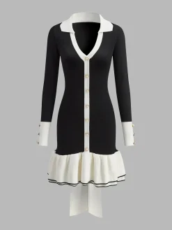 Color Block Ruffle Bow Knit Dress