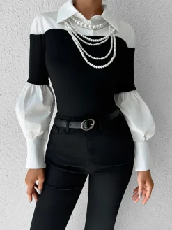 Color Block Skinny Lapel Top