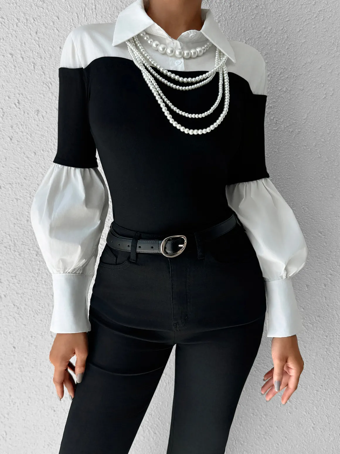 Color Block Skinny Lapel Top