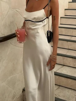 Contrast Binding Backless Long Dress