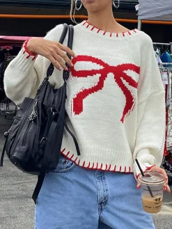 Contrast Binding Bow Sweater