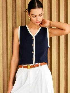 Contrast Binding Golden Button Sweater Vest