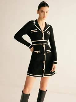 Contrast Binding Lapel Sweater Dress