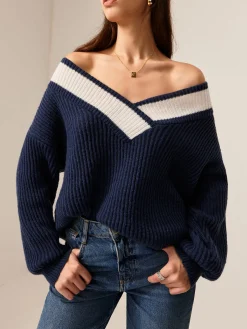 Contrast Binding Off-Shoulder Sweater