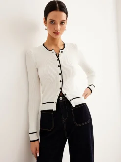 Contrast Binding Ribbed Button Cardigan