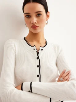 Contrast Binding Ribbed Button Cardigan