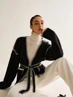 Contrast Binding Split Cardigan With Belt