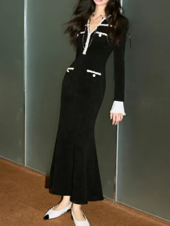 Contrast Binding Tweed Slim Dress
