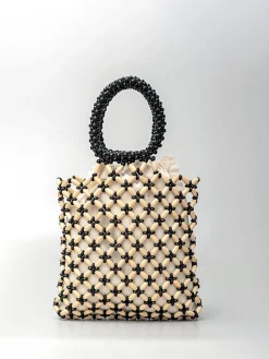 Contrast Binding Wood-Bead Woven Handbag
