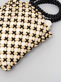 Contrast Binding Wood-Bead Woven Handbag
