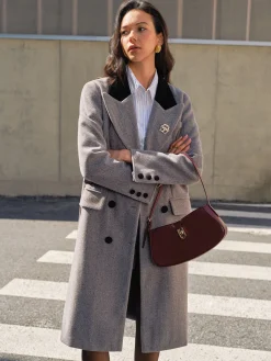 Contrast Collar Belted Tweed Coat
