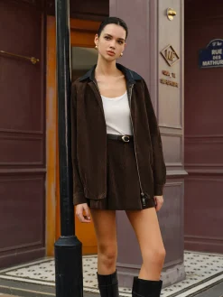 Contrast Collar Corduroy Zipper Jacket