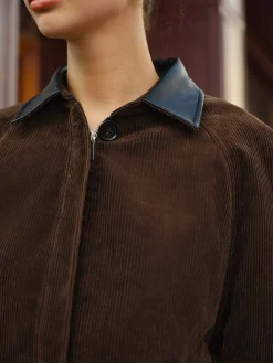 Contrast Collar Corduroy Zipper Jacket
