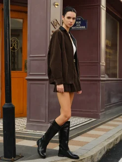 Contrast Collar Corduroy Zipper Jacket