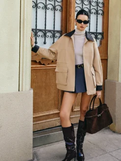 Contrast Collar Drawstring Faux Leather Jacket