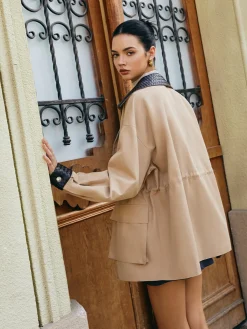 Contrast Collar Drawstring Faux Leather Jacket
