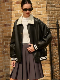 Contrast Collar PU Leather Bomber Jacket