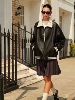 Contrast Collar PU Leather Bomber Jacket
