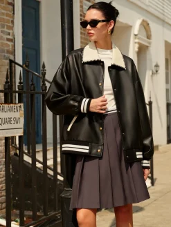 Contrast Collar PU Leather Bomber Jacket