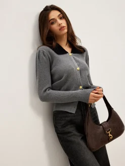 Contrast Collar Slim Button Cardigan
