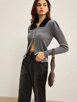 Contrast Collar Slim Button Cardigan