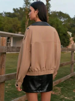 Contrast Collar Zipper Jacket