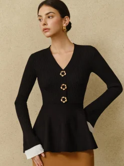 Contrast Cuff Ruffle Knit Top