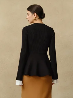 Contrast Cuff Ruffle Knit Top