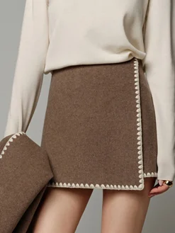 Contrast Embroidered Trim Tweed Skirt
