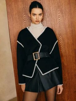 Contrast Embroidered Trim Tweed Coat