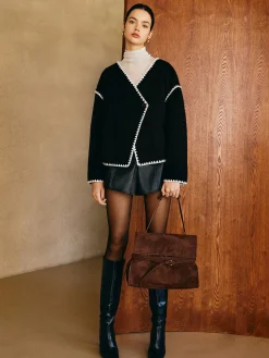 Contrast Embroidered Trim Tweed Coat