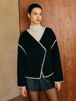 Contrast Embroidered Trim Tweed Coat