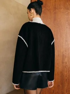 Contrast Embroidered Trim Tweed Coat