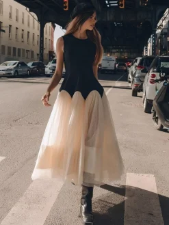 Contrast Petal Waist Midi Dress