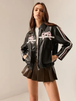 Contrast Pinstripe PU Leather Jacket