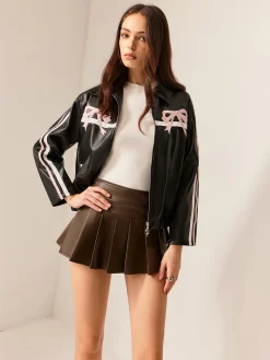 Contrast Pinstripe PU Leather Jacket