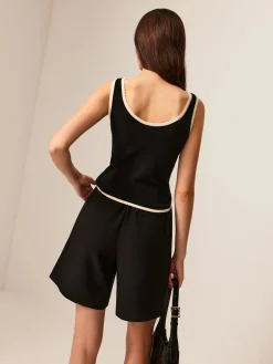 Contrast Piping Bow Slim Knit Top